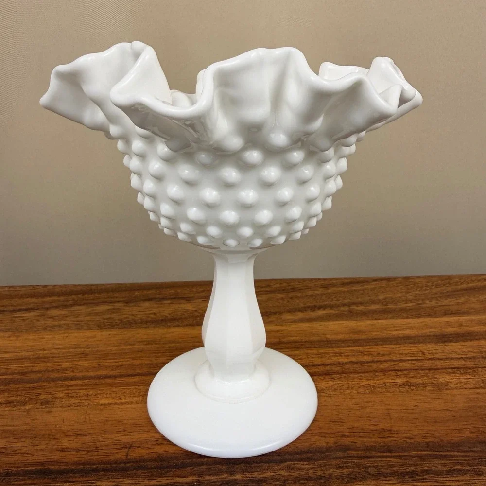 Fenton Milk Glass Hobnail Compote Ruffled Edge Pedestal Bowl Vintage Art Glass